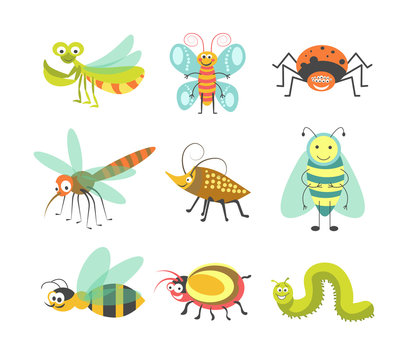 Funny cartoon insects and bugs vector isolated smiling characters icons