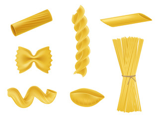 Vector illustration set of realistic icons of dry macaroni of various kinds, pasta, fusilli, rigatoni, farfalle, twists, spaghetti, conchiglie isolated on white background. Print, design element