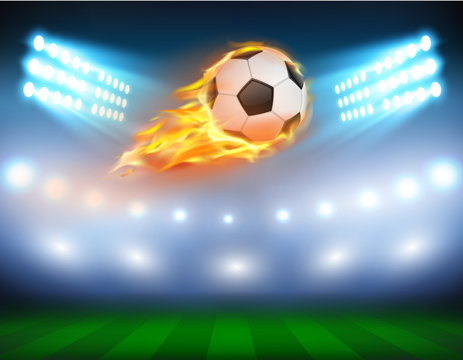 Vector illustration of a football, soccer ball in a fiery flame on a field with the searchlights turned on in a realistic style. Print, template, design element.