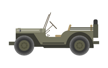 Military vehicle without roof and with spear tire behind