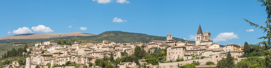 Fototapeta na wymiar Spello, one of the most beautiful small town in Italy. Skyline of the village from the land
