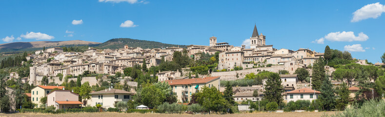 Fototapeta na wymiar Spello, one of the most beautiful small town in Italy. Skyline of the village from the land