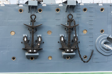 Raised anchors of a military cruiser