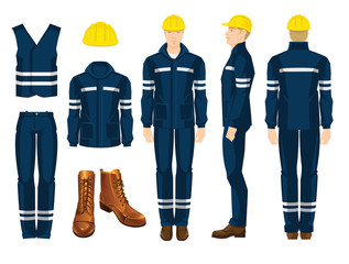 Man worker in uniform. Professional protective clothes, boots and yellow safety helmet. Various turns man's figure. Front view, side and back view. - obrazy, fototapety, plakaty