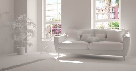 White room with sofa. Scandinavian interior design. 3D illustration