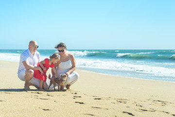 Fototapeta na wymiar Family with girl in red dress and dog on the beach