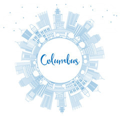 Outline Columbus Skyline with Blue Buildings and Copy Space.