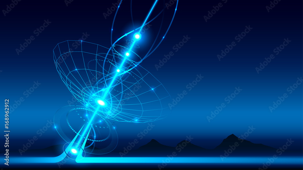 Fototapete A large satellite dish transmits and receives a signal from space. Equipment for satellite TV and radio broadcasting. Radio signal propagates waves in space. linear technological background. VECTOR