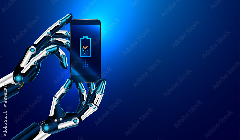 Poster The robot advertise smart phone. Robot hands holding a smart phone and displays on its screen an icon of a charging battery. VECTOR
