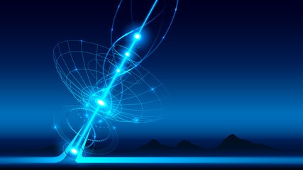 A large satellite dish transmits and receives a signal from space. Equipment for satellite TV and radio broadcasting. Radio signal propagates waves in space. linear technological background. VECTOR