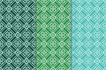 Geometric backgrounds. Set of green seamless patterns