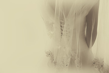 Beautiful bride with wedding dress and veil, from behind