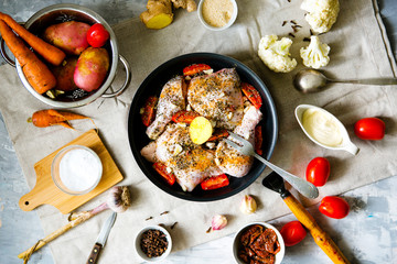 Recipe for cooking roasted stewed chicken with herbs and tomatoes. Preparation of ingredients for cooking. Raw meat and fresh vegetables. Top view.