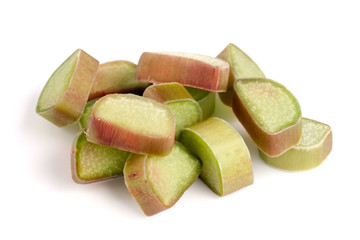 Chopped rhubarb stem isolated on white background cutout