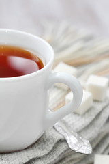 Cup of hot tea with lemon and woolen scarf