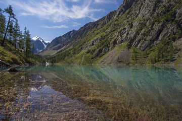 View of the mountains with reflection in the blue lake.