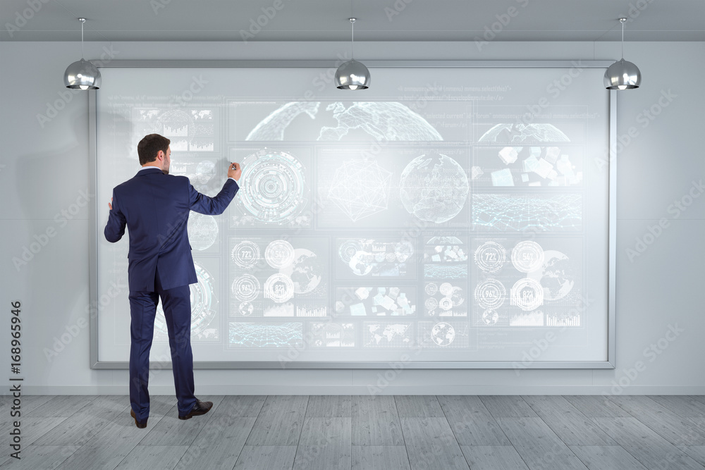 Poster Businessman using graph screens interface on a board 3D rendering