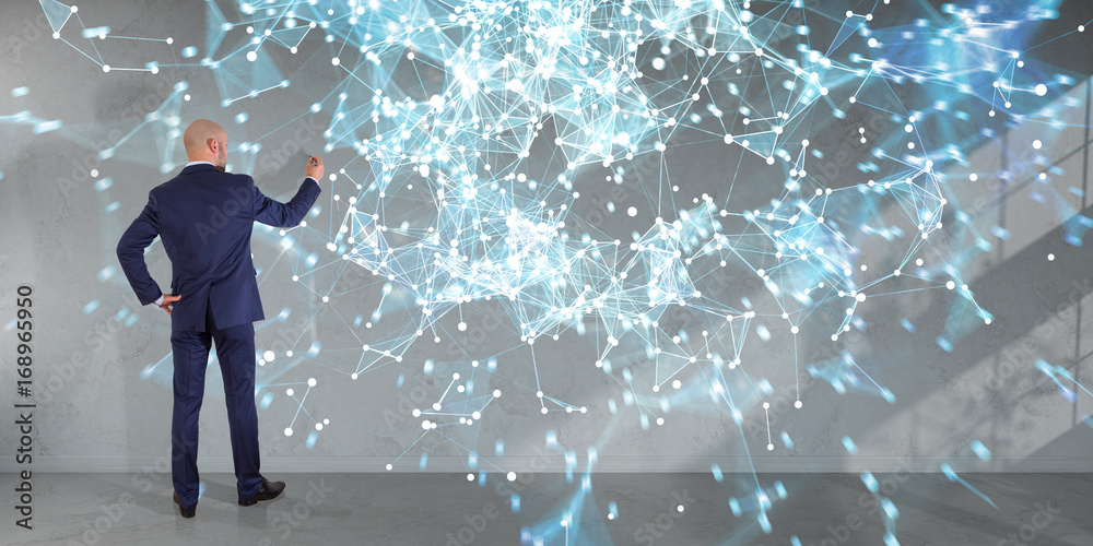 Poster Businessman using connection network on a wall 3D rendering