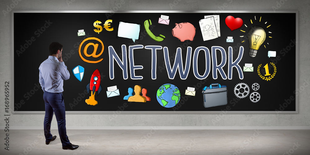 Poster businessman watching social network sketch on a board 3d rendering