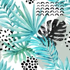 Foto op Plexiglas Aquarel grafische illustratie: tropische bladeren, doodle elementen op grunge achtergrond. © Tanya Syrytsyna