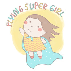 Cute vector illustration with sweet little girl wearing cloak and flying in super hero style