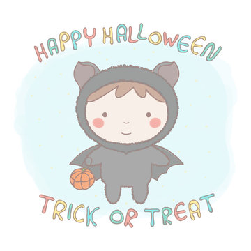 Colorful vector illustration of adorable little girl in bat costume for Halloween, hand drawn style