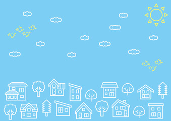 デフォルメした家と木の並び(空と雲と鳥)線画