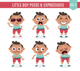 Character design set of a cute little black boy in different poses. Cartoon style illustration, isolated on white background. Body gestures and facial expressions. Vector illustration. Set 2 of 8.