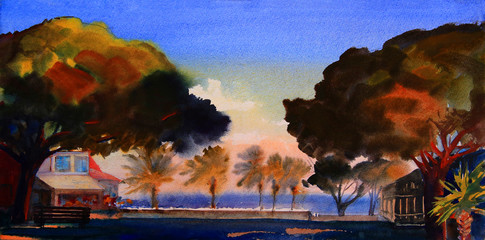 Obraz premium Watercolor painting of mediterranean landscape