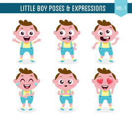 Character design set of a cute little white boy in different poses. Cartoon style illustration, isolated on white background. Body gestures and facial expressions. Vector illustration. Set 1 of 8.