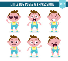 Character design set of a cute little white boy in different poses. Cartoon style illustration, isolated on white background. Body gestures and facial expressions. Vector illustration. Set 2 of 8.