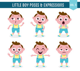 Character design set of a cute little white boy in different poses. Cartoon style illustration, isolated on white background. Body gestures and facial expressions. Vector illustration. Set 5 of 8.