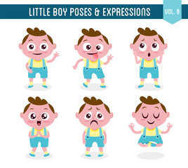 Character design set of a cute little white boy in different poses. Cartoon style illustration, isolated on white background. Body gestures and facial expressions. Vector illustration. Set 8 of 8.