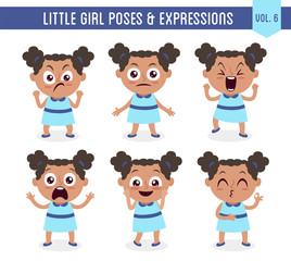 Character design set of a cute little black girl in different poses. Cartoon style illustration, isolated on white background. Body gestures and facial expressions. Vector illustration. Set 6 of 8.