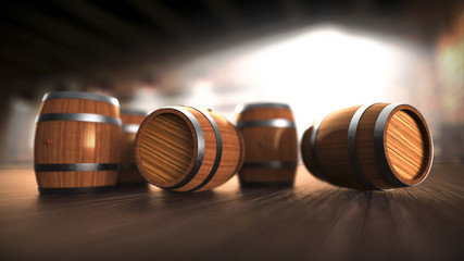 Barrels on the bar, beer, wine, rum, whisky, brendy and cognac wooden barrels.