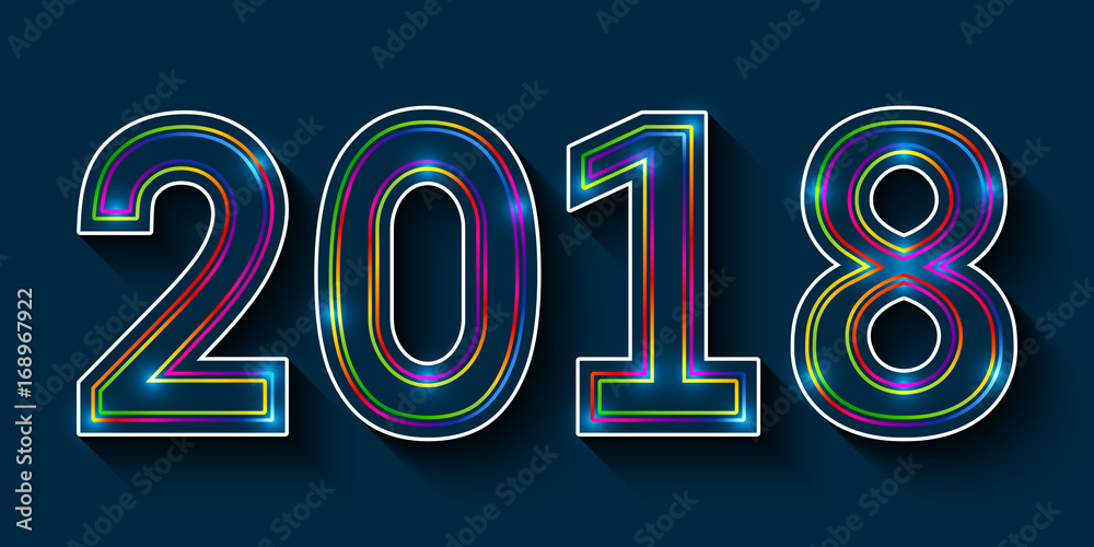 Poster 2018 Happy New Year. Multicolor outline numbers with glowing effect and shadow on blue background. Vector EPS10