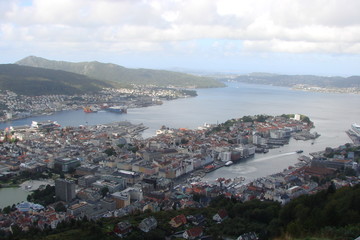 View from a hill to a Norwegian city off the ocean coast