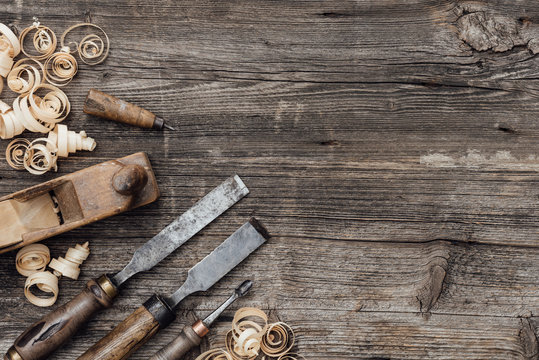 Old carpentry tools on the workbench