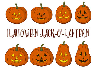 Holiday Halloween Symbols, Cartoons Pumpkins Jack O Lantern Set Isolated on White Background. Vector