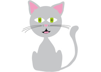 Cute romantic grey cat with green eyes, pink ears, smiling