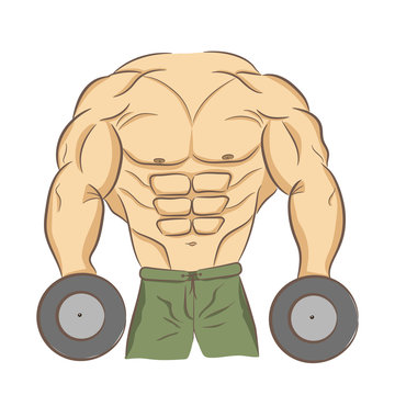 Muscular bodybuilder with dumbbells. Strong man. Bodybuilding logo, emblem of the gym. Logo sport nutrition, sign strength, powerlifting. T-shirt design. Hand drawing, brush. Vector AI10