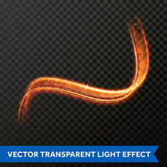 Light line gold swirl effect. Vector glitter light fire flare trace. Magic sparkle light swirl trail effect on transparent background. Bokeh light glitter wave line with sparkling particles
