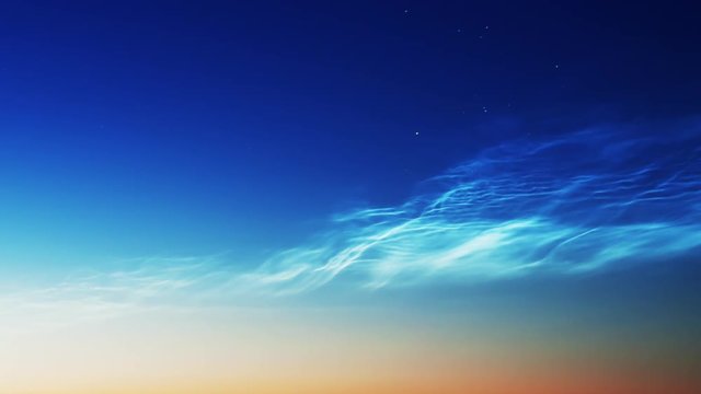noctilucent clouds NLC with stars and filament gravity wave structure in summer morning twilight timelapse