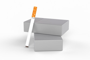 3D render composition of two king size cigarette boxes or packs with cigarette on a white background with shadow. Template for your design.