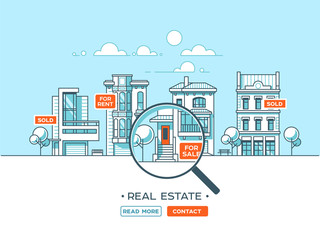City landscape. Real estate and construction business concept with houses. Line style. Vector illustration.