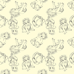 Seamless pattern of a sketch of an infant different pose of children 2