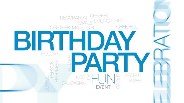 Birthday party animated word cloud, text design animation. Kinetic typography.
