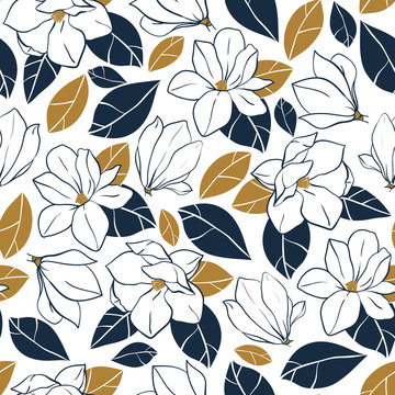 Vector trendy seamless pattern with botanical elements. Magnolia flowers,buds and leaves in deep blue and mustard colors.