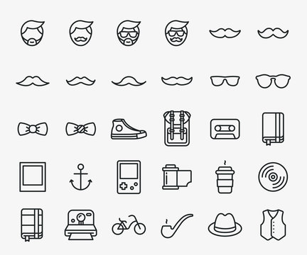 Hipster Style Flat Line Stroke Icon Pictogram Symbol Illustration. Mustache, Sunglasses, Sneaker, Bow Tie, Backpack, Coffee, Vinyl, Camera, Hat, Waistcoat, Bicycle.