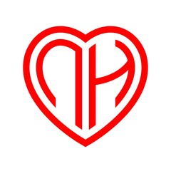 initial letters logo nh red monogram heart love shape